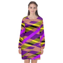 Abstract Geometric Blocks, Yellow, Orange, Purple Triangles, Modern Design Long Sleeve Chiffon Shift Dress  by Casemiro