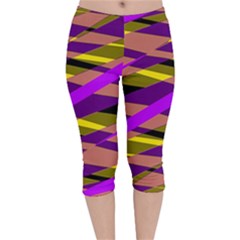 Abstract Geometric Blocks, Yellow, Orange, Purple Triangles, Modern Design Velvet Capri Leggings  by Casemiro