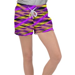 Abstract Geometric Blocks, Yellow, Orange, Purple Triangles, Modern Design Velour Lounge Shorts by Casemiro