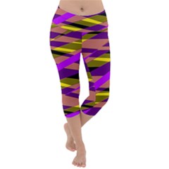 Abstract Geometric Blocks, Yellow, Orange, Purple Triangles, Modern Design Lightweight Velour Capri Yoga Leggings by Casemiro