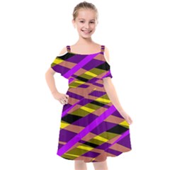 Abstract Geometric Blocks, Yellow, Orange, Purple Triangles, Modern Design Kids  Cut Out Shoulders Chiffon Dress by Casemiro