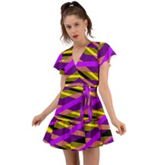 Abstract Geometric Blocks, Yellow, Orange, Purple Triangles, Modern Design Flutter Sleeve Wrap Dress by Casemiro