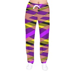 Abstract Geometric Blocks, Yellow, Orange, Purple Triangles, Modern Design Women Velvet Drawstring Pants by Casemiro