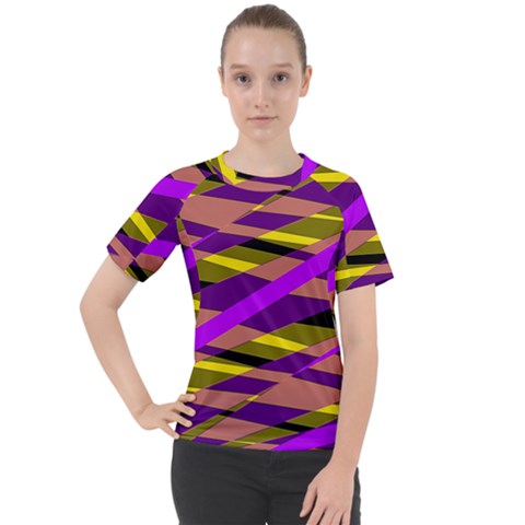 Abstract Geometric Blocks, Yellow, Orange, Purple Triangles, Modern Design Women s Sport Raglan Tee by Casemiro