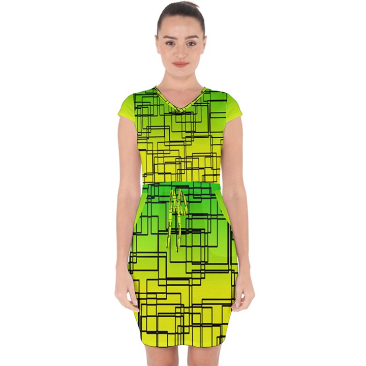 Geometrical lines pattern, asymmetric blocks theme, line art Capsleeve Drawstring Dress 