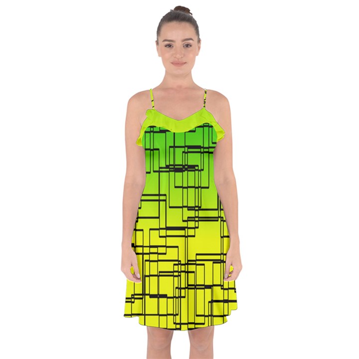 Geometrical lines pattern, asymmetric blocks theme, line art Ruffle Detail Chiffon Dress