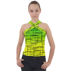 Geometrical Lines Pattern, Asymmetric Blocks Theme, Line Art Cross Neck Velour Top by Casemiro