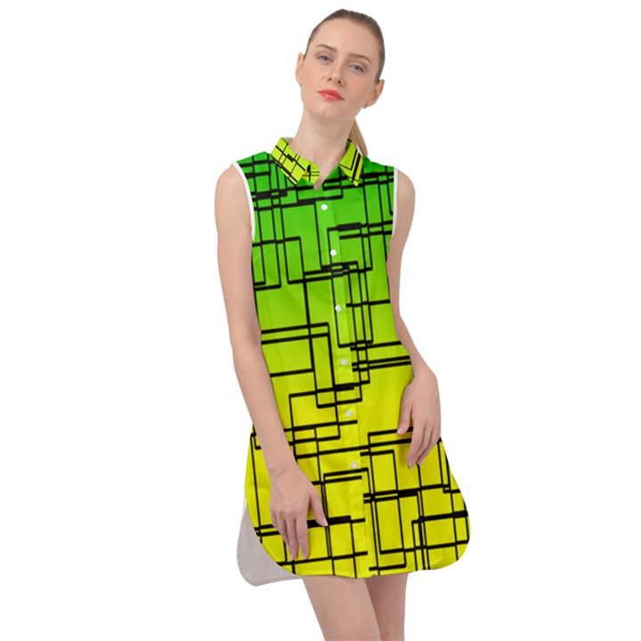 Geometrical lines pattern, asymmetric blocks theme, line art Sleeveless Shirt Dress