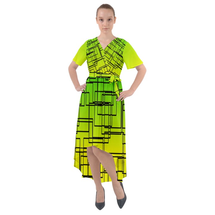 Geometrical lines pattern, asymmetric blocks theme, line art Front Wrap High Low Dress