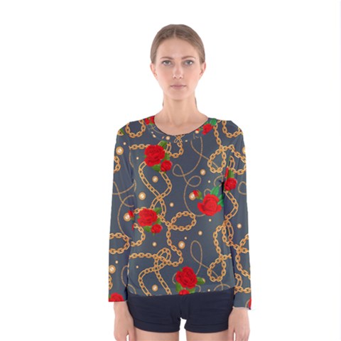 Golden Chain Pattern Rose Flower 2 Women s Long Sleeve Tee by designsbymallika