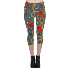 Golden Chain Pattern Rose Flower 2 Capri Leggings  by designsbymallika