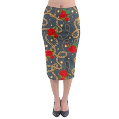 Golden Chain Pattern Rose Flower 2 Midi Pencil Skirt by designsbymallika