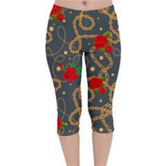 Golden Chain Pattern Rose Flower 2 Velvet Capri Leggings  by designsbymallika