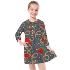 Golden Chain Pattern Rose Flower 2 Kids  Quarter Sleeve Shirt Dress by designsbymallika