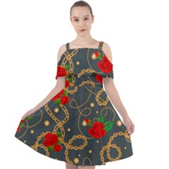 Golden Chain Pattern Rose Flower 2 Cut Out Shoulders Chiffon Dress