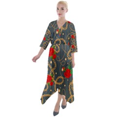 Golden Chain Pattern Rose Flower 2 Quarter Sleeve Wrap Front Maxi Dress