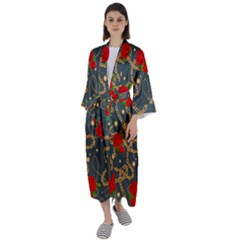 Golden Chain Pattern Rose Flower 2 Maxi Satin Kimono