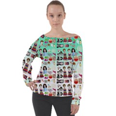 Kawaii Collage Green Ombre Off Shoulder Long Sleeve Velour Top