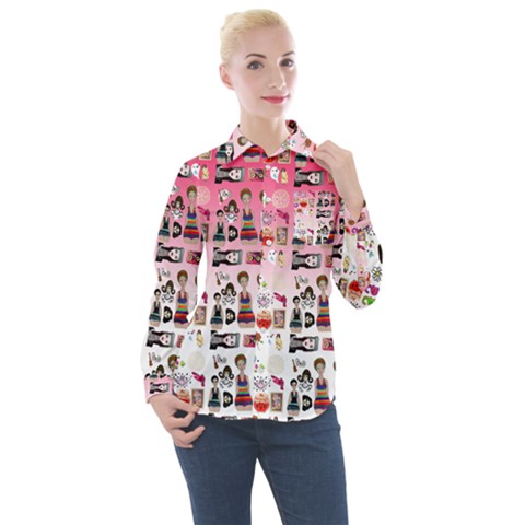 Kawaii Collage Pink Ombre Women s Long Sleeve Pocket Shirt by snowwhitegirl