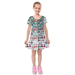 Kawaii Collage Teal  Ombre Kids  Short Sleeve Velvet Dress