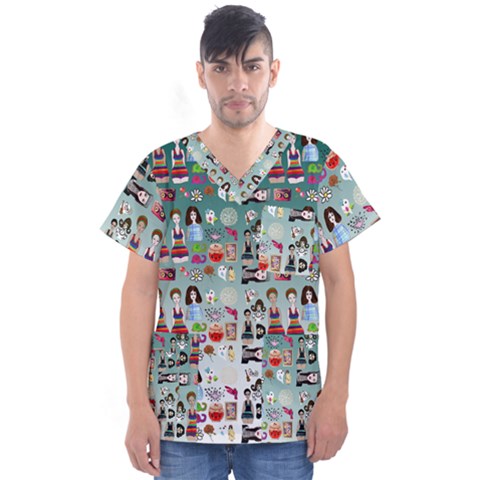 Kawaii Collage Teal  Ombre Men s V-neck Scrub Top by snowwhitegirl