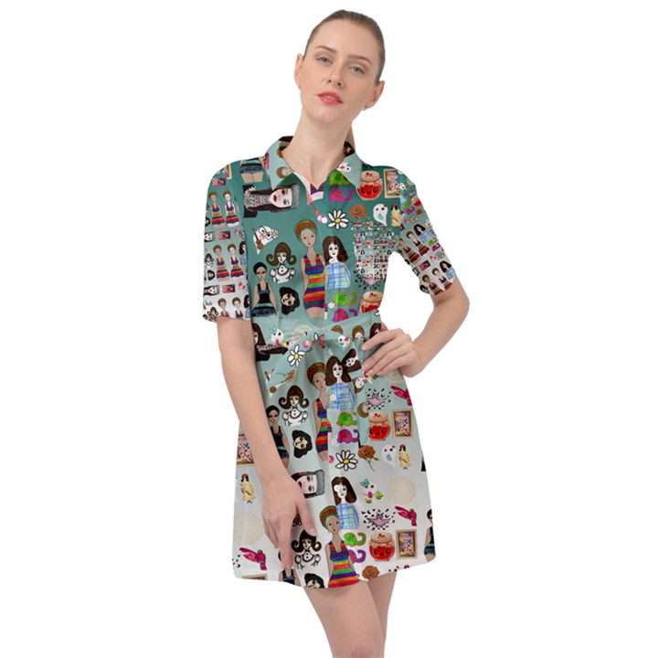 Kawaii Collage Teal  Ombre Belted Shirt Dress