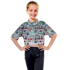 Kawaii Collage Teal  Ombre Kids Mock Neck Tee