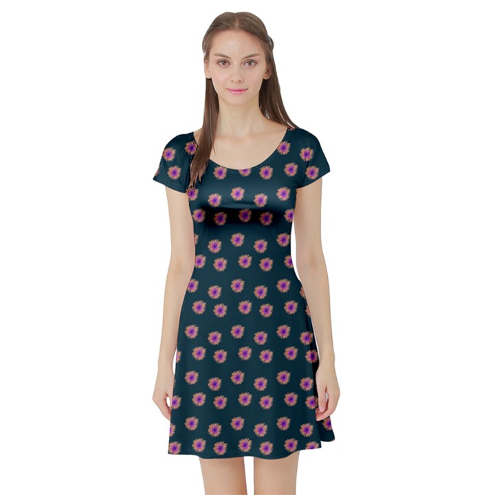 Peach Purple Daisy Flower Teal Short Sleeve Skater Dress