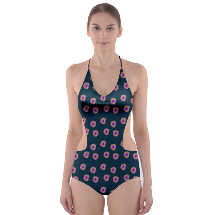 Peach Purple Daisy Flower Teal Cut-Out One Piece Swimsuit