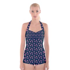 Peach Purple Daisy Flower Teal Boyleg Halter Swimsuit 