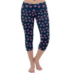 Peach Purple Daisy Flower Teal Capri Yoga Leggings