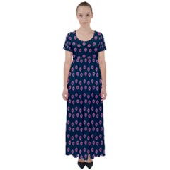 Peach Purple Daisy Flower Teal High Waist Short Sleeve Maxi Dress