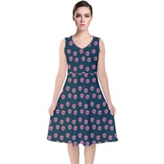 Peach Purple Daisy Flower Teal V-Neck Midi Sleeveless Dress 