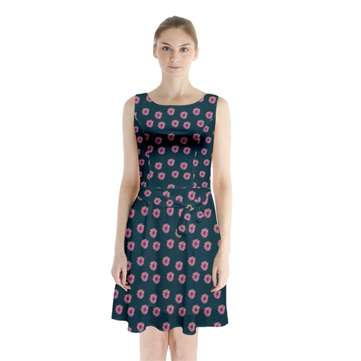 Peach Purple Daisy Flower Teal Sleeveless Waist Tie Chiffon Dress