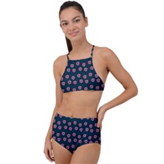 Peach Purple Daisy Flower Teal High Waist Tankini Set