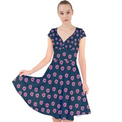 Peach Purple Daisy Flower Teal Cap Sleeve Front Wrap Midi Dress