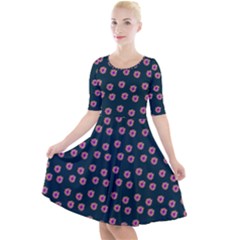 Peach Purple Daisy Flower Teal Quarter Sleeve A-Line Dress