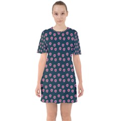 Peach Purple Daisy Flower Teal Sixties Short Sleeve Mini Dress