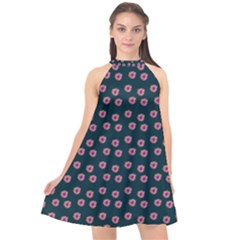 Peach Purple Daisy Flower Teal Halter Neckline Chiffon Dress 