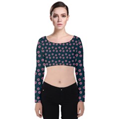 Peach Purple Daisy Flower Teal Velvet Long Sleeve Crop Top