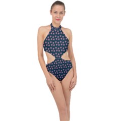 Peach Purple Daisy Flower Teal Halter Side Cut Swimsuit