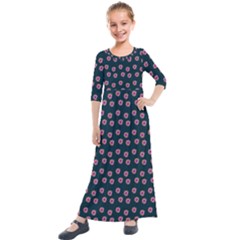 Peach Purple Daisy Flower Teal Kids  Quarter Sleeve Maxi Dress