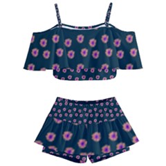 Peach Purple Daisy Flower Teal Kids  Off Shoulder Skirt Bikini