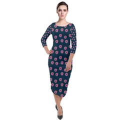 Peach Purple Daisy Flower Teal Quarter Sleeve Midi Velour Bodycon Dress