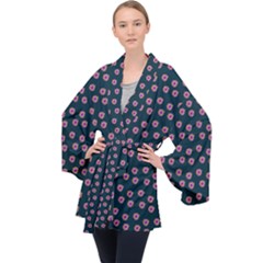 Peach Purple Daisy Flower Teal Long Sleeve Velvet Kimono 