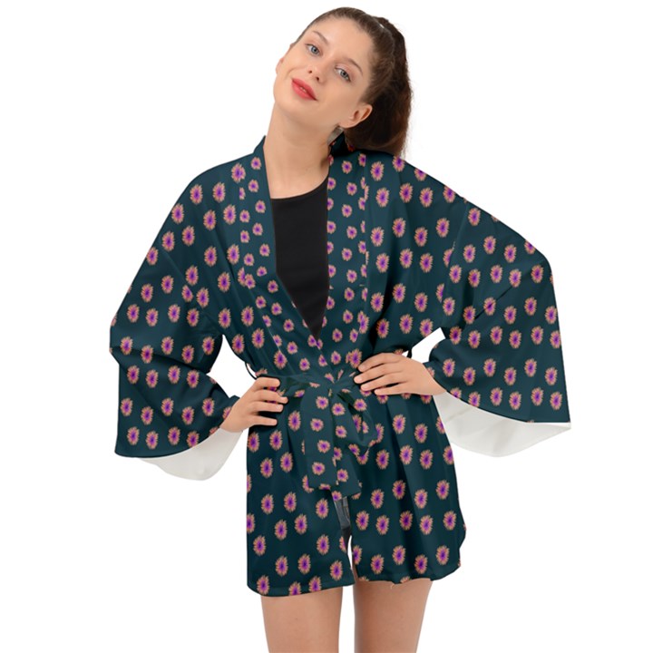 Peach Purple Daisy Flower Teal Long Sleeve Kimono