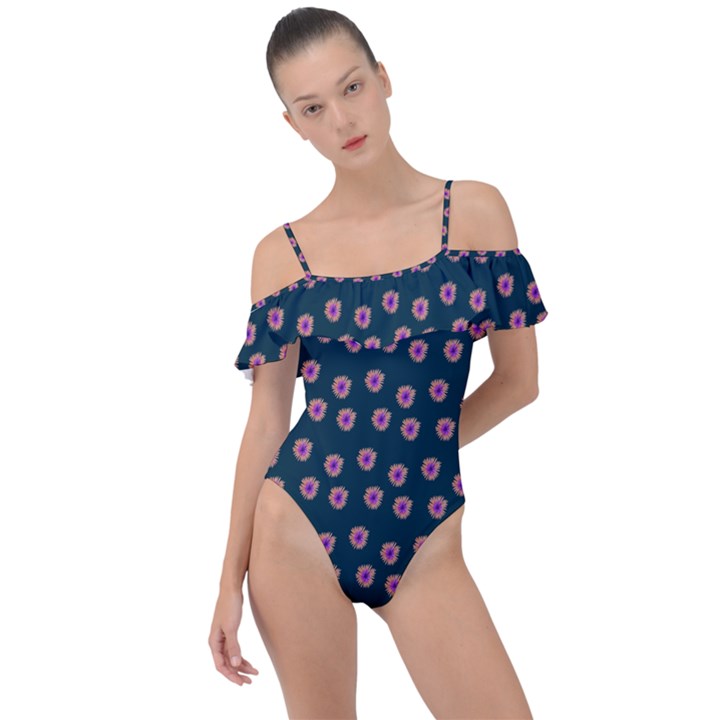 Peach Purple Daisy Flower Teal Frill Detail One Piece Swimsuit