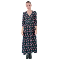 Peach Purple Daisy Flower Teal Button Up Maxi Dress