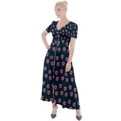 Peach Purple Daisy Flower Teal Button Up Short Sleeve Maxi Dress