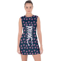 Peach Purple Daisy Flower Teal Lace Up Front Bodycon Dress